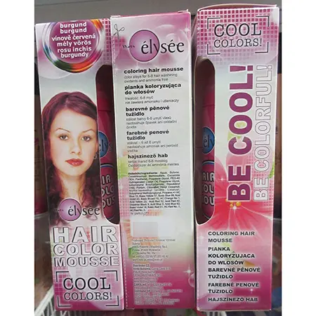 Foto aus der offiziellen Meldung: Wats élysée HAIR COLOR MOUSSE COOL COLORS! Haarfärbemousse — Risiko: Chemikalie (A12/02526/24)