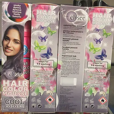 Foto aus der offiziellen Meldung: Wats élysée HAIR COLOR MOUSSE COOL COLORS! Haarfärbemousse — Risiko: Chemikalie (A12/02524/24)