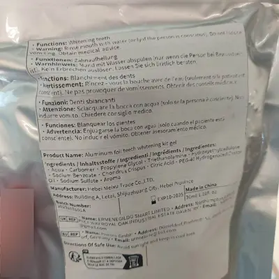 Foto aus der offiziellen Meldung: Aluminium foil teeth whitening kit gel Zahnaufhellungsset — Risiko: Chemikalie