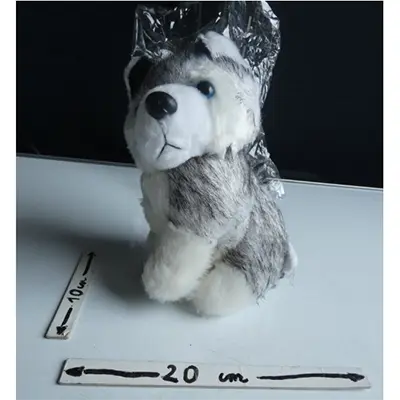 Photo from the official notice: MJCM Limited Realistic Husky Dog soft toy — choking & suffocation risk