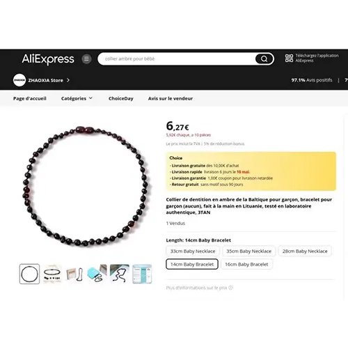 Foto del aviso oficial: zhaoxia Selected Baltic amber - team bracelet for baby Pulsera de dentición — riesgo: Atragantamiento