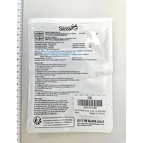Foto aus der offiziellen Meldung: Seposeve Seposeve Silicone Palcifier Clips Schnullerhalter — Risiko: Strangulierung