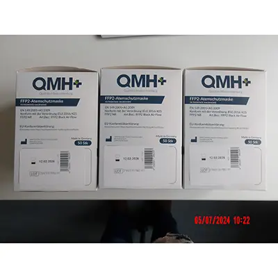 Photo from the official notice: QMH+ FFP2-Atemschutzmaske, Filtrierende Halbmaske particle filter mask — health risk