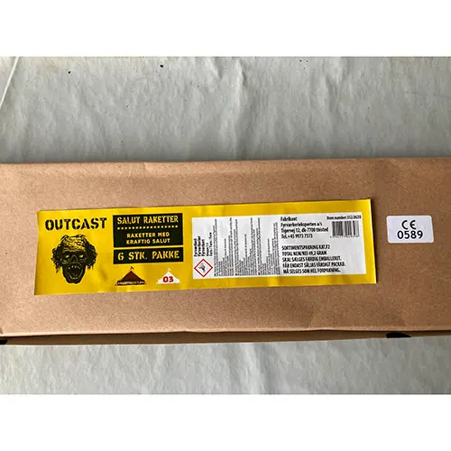 Photo from the official notice: Outcast Salut Raket 03 fireworks — burns & damage to sight risk