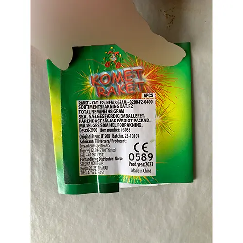 Photo from the official notice: Joker Komet Raket fireworks — burns & damage to sight risk