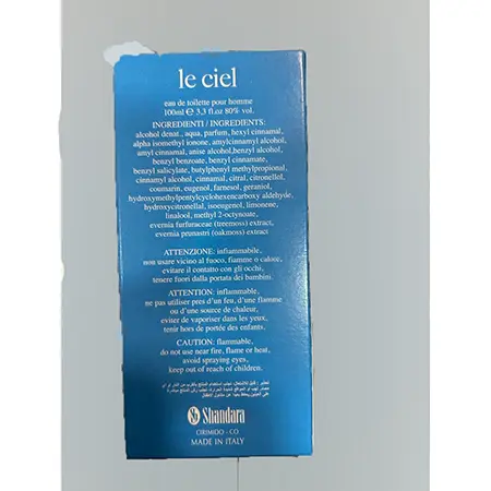 Photo de l’avis officiel: Shandara le ciel Eau de toilette — risque: Risque chimique