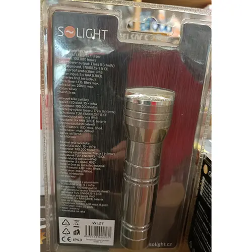 Photo from the official notice: Solight LED Torch with Laser — damage to sight risk