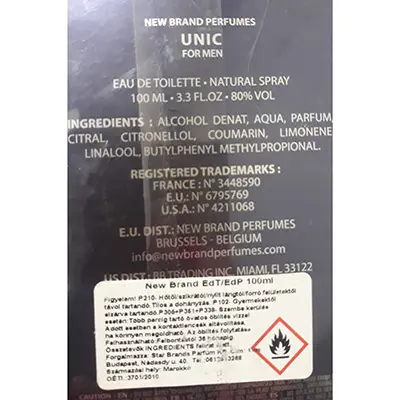 Photo de l’avis officiel: New Brand Perfumes UNIC Parfum — risque: Risque chimique