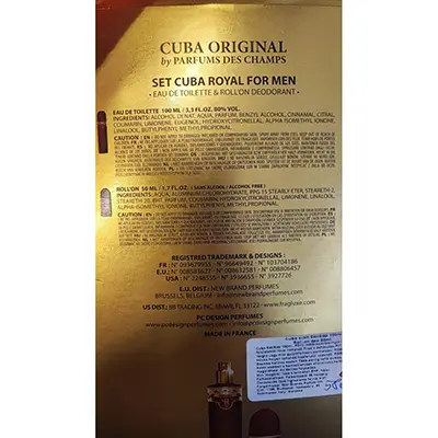 Foto do aviso oficial: CUBA ORIGINAL by Parfums des Champs Cuba Royal Original for men Conjunto de cosméticos — risco: Químico
