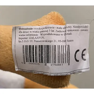 Foto do aviso oficial: Brinquedo macio — risco: Engasgamento (A11/00135/24)