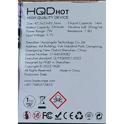 Photo de l’avis officiel: HQD HOT Cigarette électronique jetable — risque: Risque chimique