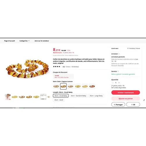 Photo from the official notice: Collier de dentition en ambre baltique véritable pour bébé, bijoux en ambre irrégulier teething necklace — choking & strangulation risk