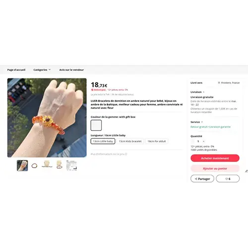 Foto aus der offiziellen Meldung: LUER-Bracelets de dentition en ambre naturel pour bébé, bijoux en ambre de la Baltique Zahnen Armband — Risiko: Ersticken