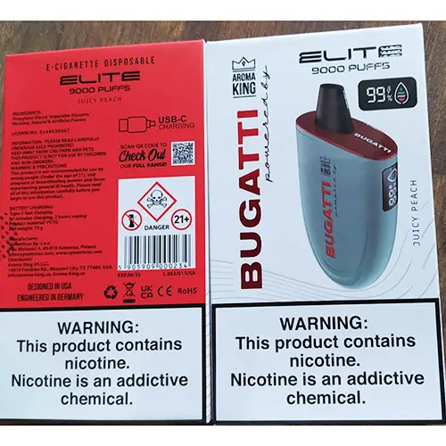 Photo from the official notice: Aroma King disposable electronic cigarette BUGATTI powered by ELITE 9000 PUFFS — chemical risk