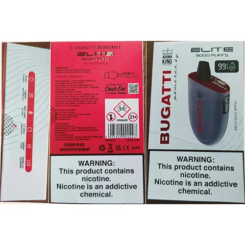 Photo from the official notice: Aroma King disposable electronic cigarette BUGATTI powered by ELITE 9000 PUFFS — chemical risk
