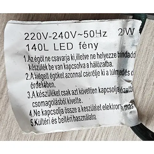 Photo de l’avis officiel: Karácsonyfa égősor Chaîne d'éclairage — risque: Choc électrique