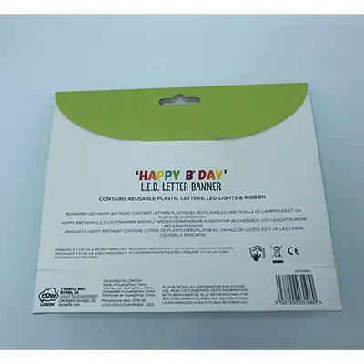Foto aus der offiziellen Meldung: NPW Happy B'Day LED Letter Banner LED-Geburtstagsbanner — Risiko: Chemikalie & Umwelt