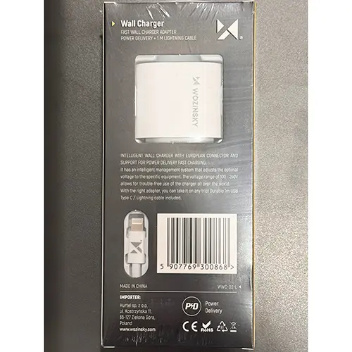 Photo from the official notice: Wozinsky Universal Wall Charger, Fast Wall Charger Adapter Power Delivery + 1M Lightning Cable usb charger — fire risk