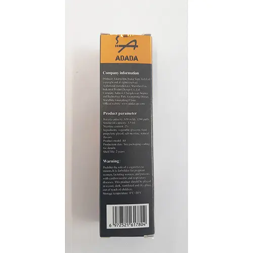 Photo de l’avis officiel: ADADA A8 1200 puffs Cigarette électronique jetable — risque: Risque chimique