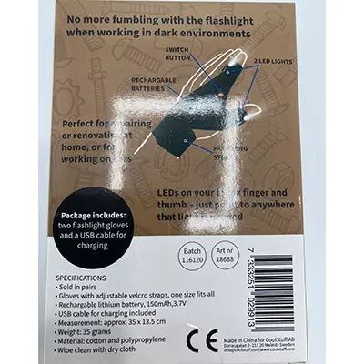 Foto do aviso oficial: WIBBRI Flashlight Gloves Luvas — risco: Ambiente