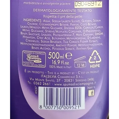 Photo de l’avis officiel: SPUMA DI SCIAMPAGNA Ametista e Orchidea Crème de bain — risque: Risque chimique