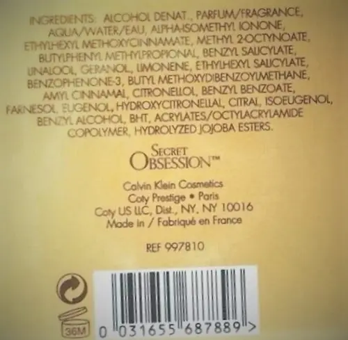 Photo de l’avis officiel: Calvin Klein Secret Obsession Parfum — risque: Risque chimique
