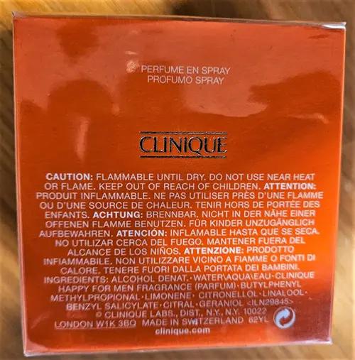 Photo de l’avis officiel: Clinique Happy for men Eau de toilette — risque: Risque chimique