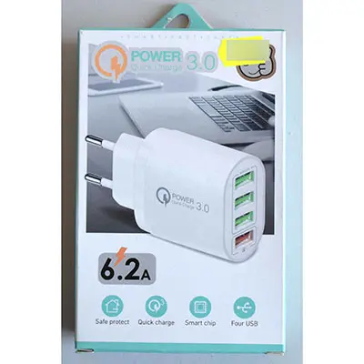 Foto aus der offiziellen Meldung: 4 USB FAST CHARGER, 4 port USB Travel Charger 6.2A USB-Ladegerät — Risiko: Elektrischer Schlag