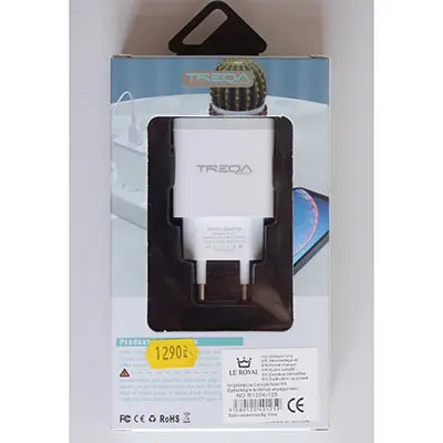 Photo from the official notice: TREQA Fast charger (on the packaging), TRAVEL ADAPTER (on the product) usb charger — electric shock risk