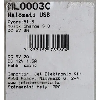 Photo de l’avis officiel: Alien Gyorstöltő Chargeur USB — risque: Choc électrique