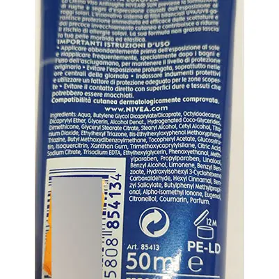 Photo de l’avis officiel: Nivea Crema solare viso Crème solaire — risque: Risque chimique