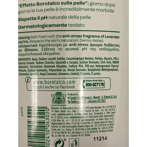 Foto dell’avviso ufficiale: BOROTALCO LAVANDA E IRIS Bagnoschiuma — rischio: Rischio chimico