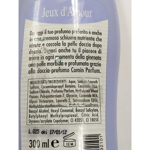 Photo de l’avis officiel: Comin parfum Jeux d'Amour ph neutro Gel douche — risque: Risque chimique
