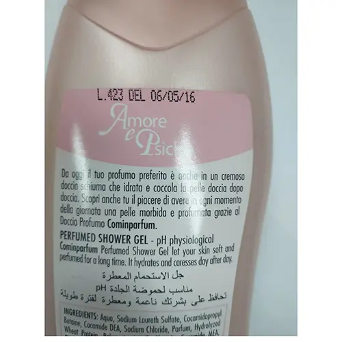 Photo de l’avis officiel: Comin parfum Amore e Psiche ph fisiologico Gel douche — risque: Risque chimique