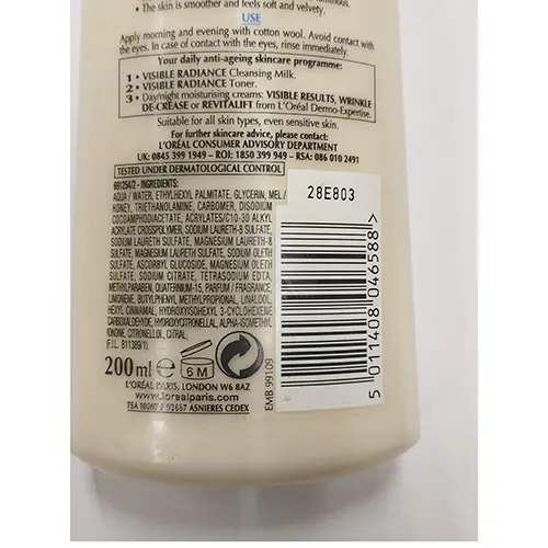 Foto dell’avviso ufficiale: L'OREAL Visible Radiance Latte detergente — rischio: Rischio chimico