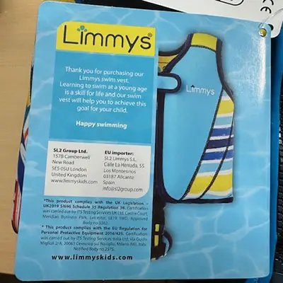 Foto aus der offiziellen Meldung: Limmys Buoyant aids for swimming instruction Schwimmweste — Risiko: Ertrinken