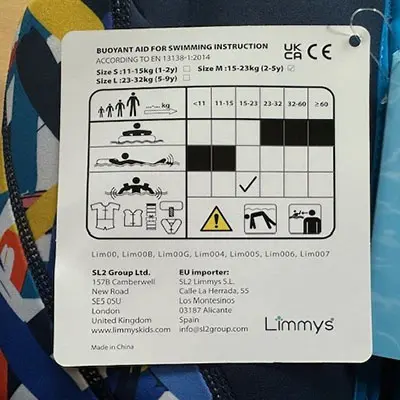 Foto aus der offiziellen Meldung: Limmys Buoyant aids for swimming instruction Schwimmweste — Risiko: Ertrinken