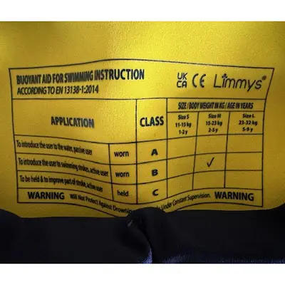 Foto aus der offiziellen Meldung: Limmys Buoyant aids for swimming instruction Schwimmweste — Risiko: Ertrinken