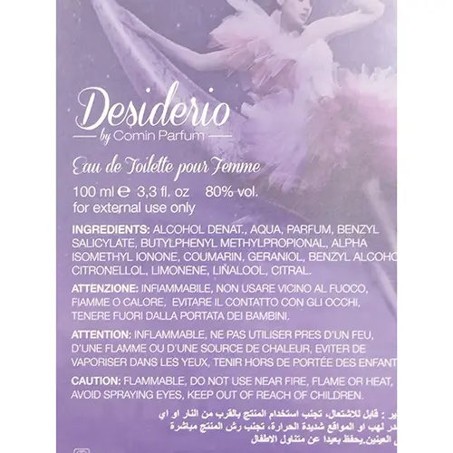 Photo de l’avis officiel: Comin parfum Desiderio Eau de toilette — risque: Risque chimique (SR/00007/25)