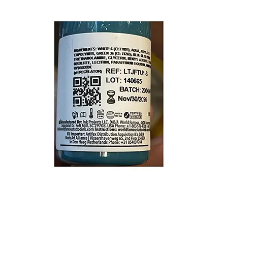 Photo from the official notice: WORLD FAMOUS TATTOO INK LIMITLESS Jay Freestyle Turquoise — chemical risk