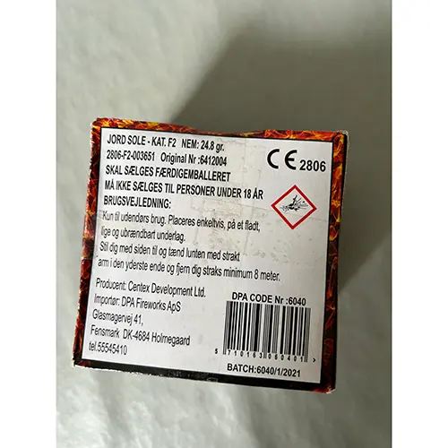 Photo from the official notice: Dragon Fireworks Spinner W/FTN — burns & damage to sight risk
