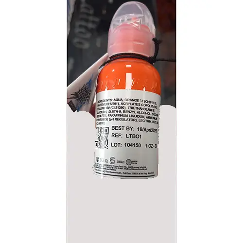 Foto uit de officiële melding: WORLD FAMOUS TATTOO INK LIMITLESS BRIGHT ORANGE Tatoegeringsinkt — risico: Chemische risico's