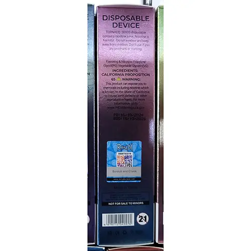 Photo de l’avis officiel: RAHdM TORNADO 30000 Cigarette électronique jetable — risque: Risque chimique (SR/00526/25)