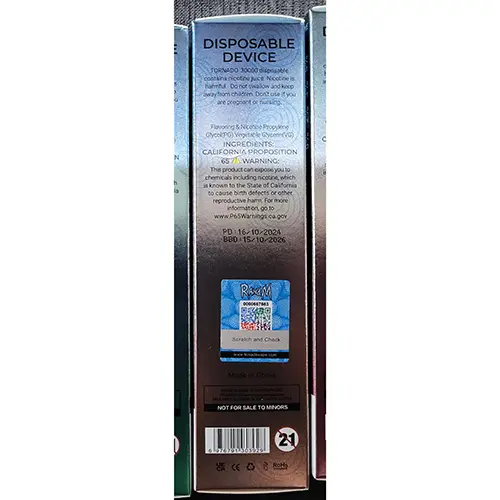 Photo de l’avis officiel: RAHdM TORNADO 30000 Cigarette électronique jetable — risque: Risque chimique (SR/00516/25)