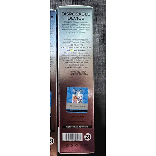 Photo de l’avis officiel: RAHdM TORNADO 30000 Cigarette électronique jetable — risque: Risque chimique (SR/00509/25)