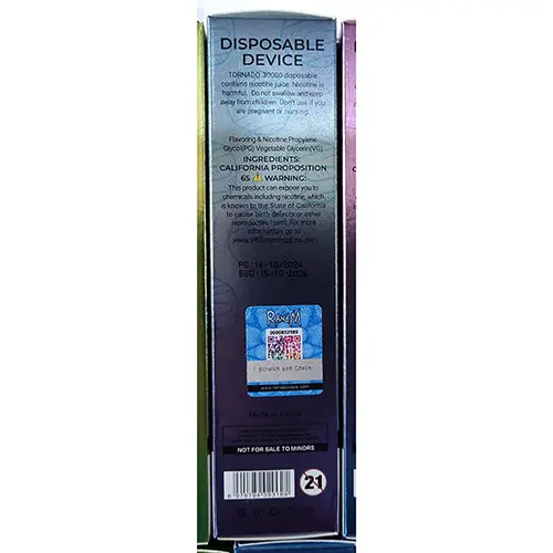 Photo de l’avis officiel: RAHdM TORNADO 30000 Cigarette électronique jetable — risque: Risque chimique (SR/00502/25)