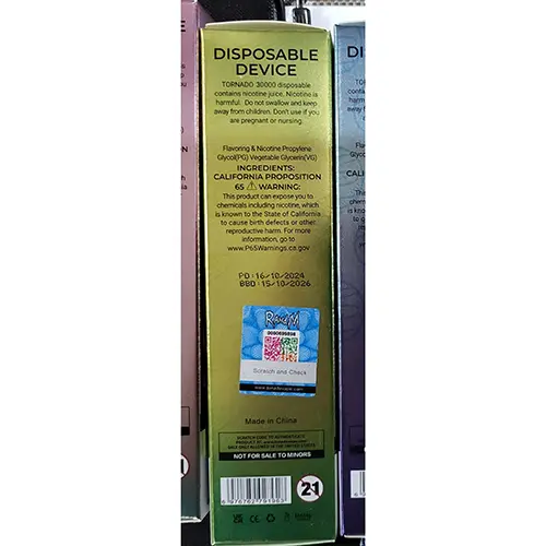 Photo de l’avis officiel: RAHdM TORNADO 30000 Cigarette électronique jetable — risque: Risque chimique (SR/00508/25)