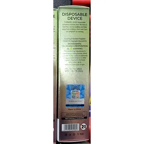 Photo de l’avis officiel: RAHdM TORNADO 30000 Cigarette électronique jetable — risque: Risque chimique (SR/00501/25)