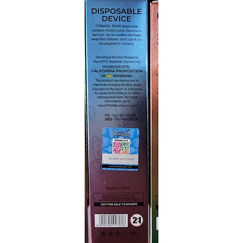 Photo de l’avis officiel: RAHdM TORNADO 30000 Cigarette électronique jetable — risque: Risque chimique (SR/00514/25)