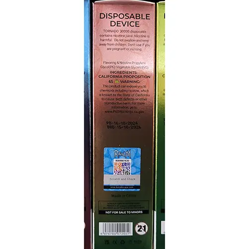 Photo de l’avis officiel: RAHdM TORNADO 30000 Cigarette électronique jetable — risque: Risque chimique (SR/00513/25)